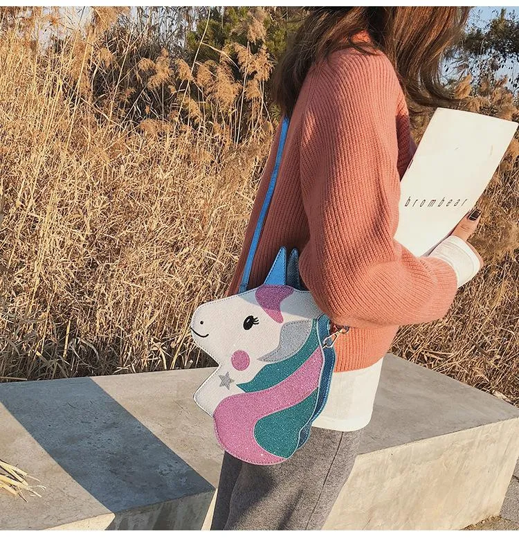 Christmas Gift Unicorn Flap Handbags Women Pu Leather Crossbody Bags Girl Phone Bags Casual Sequin Chain Messenger Ladies Shoulder Bags