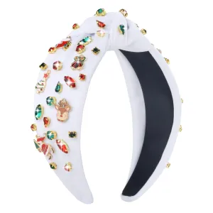 Christmas Headband for Women - Rhinestone Beaded Knotted Crystal Jeweled Christmas Tree Wide Reindeer Hair Accessories Gifts (White)