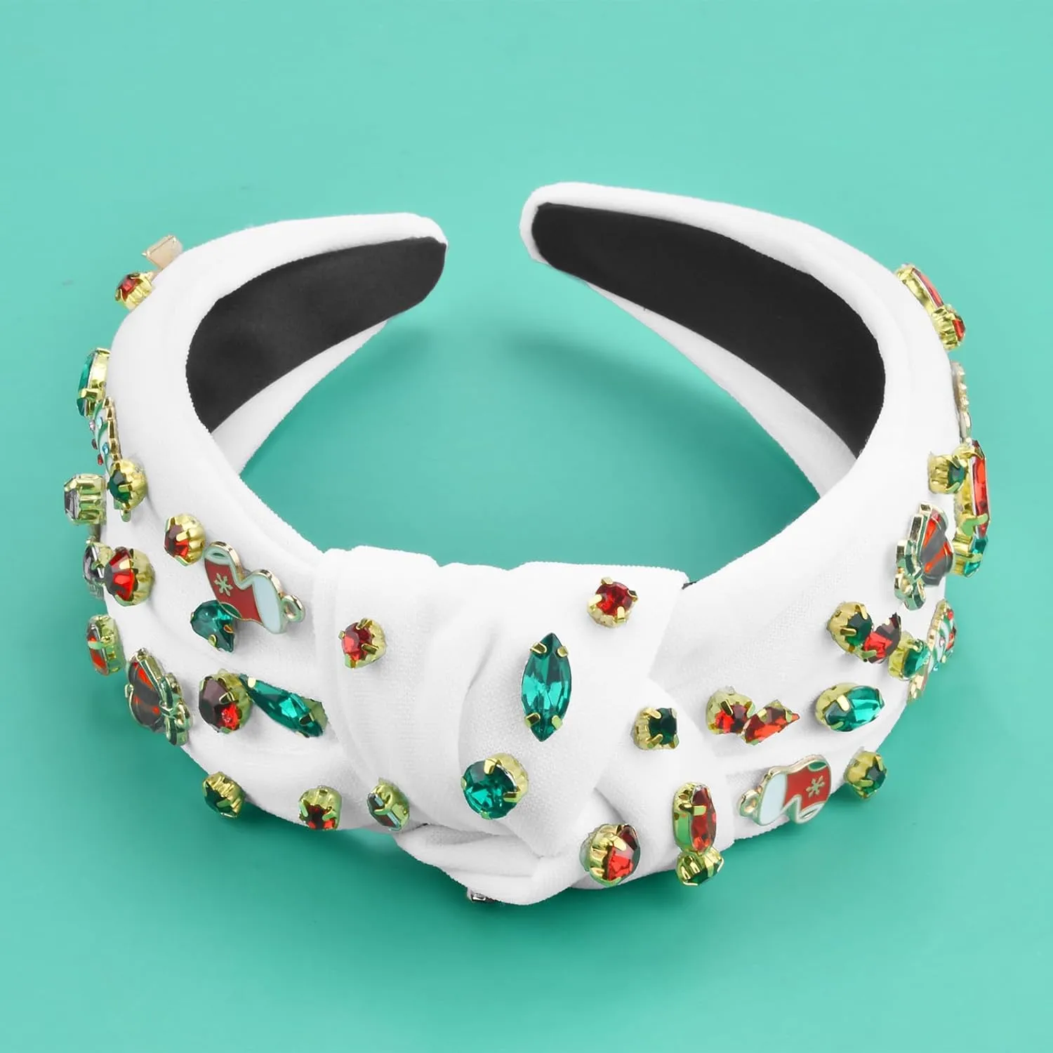 Christmas Headband for Women - Rhinestone Beaded Knotted Crystal Jeweled Christmas Tree Wide Reindeer Hair Accessories Gifts (White)