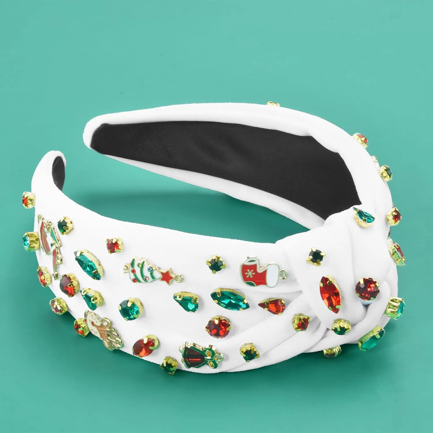 Christmas Headband for Women - Rhinestone Beaded Knotted Crystal Jeweled Christmas Tree Wide Reindeer Hair Accessories Gifts (White)