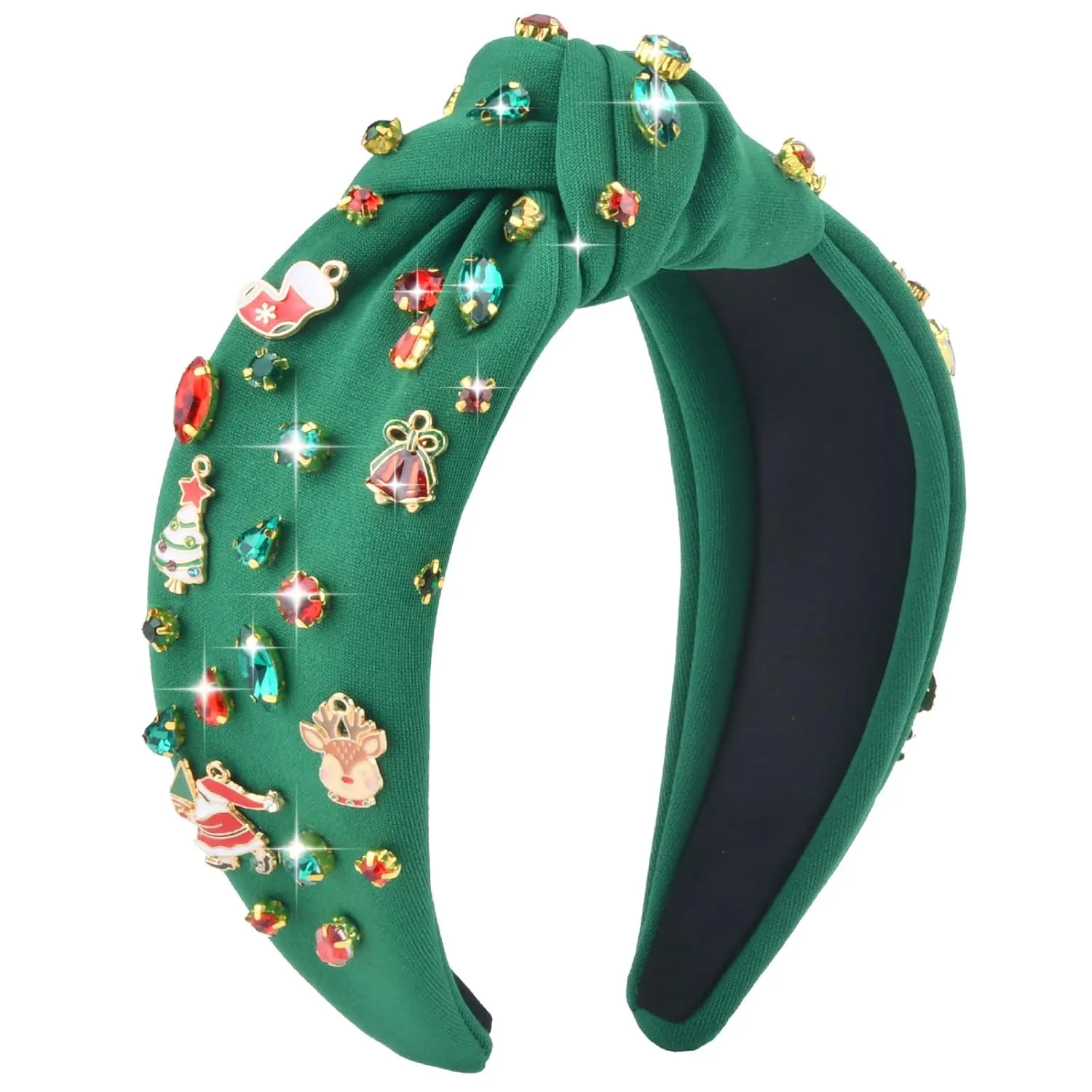 Christmas Headband for Women - Rhinestone Beaded Knotted Crystal Jeweled Tree Wide Reindeer Hair Accessories Gifts (Christmas Green)