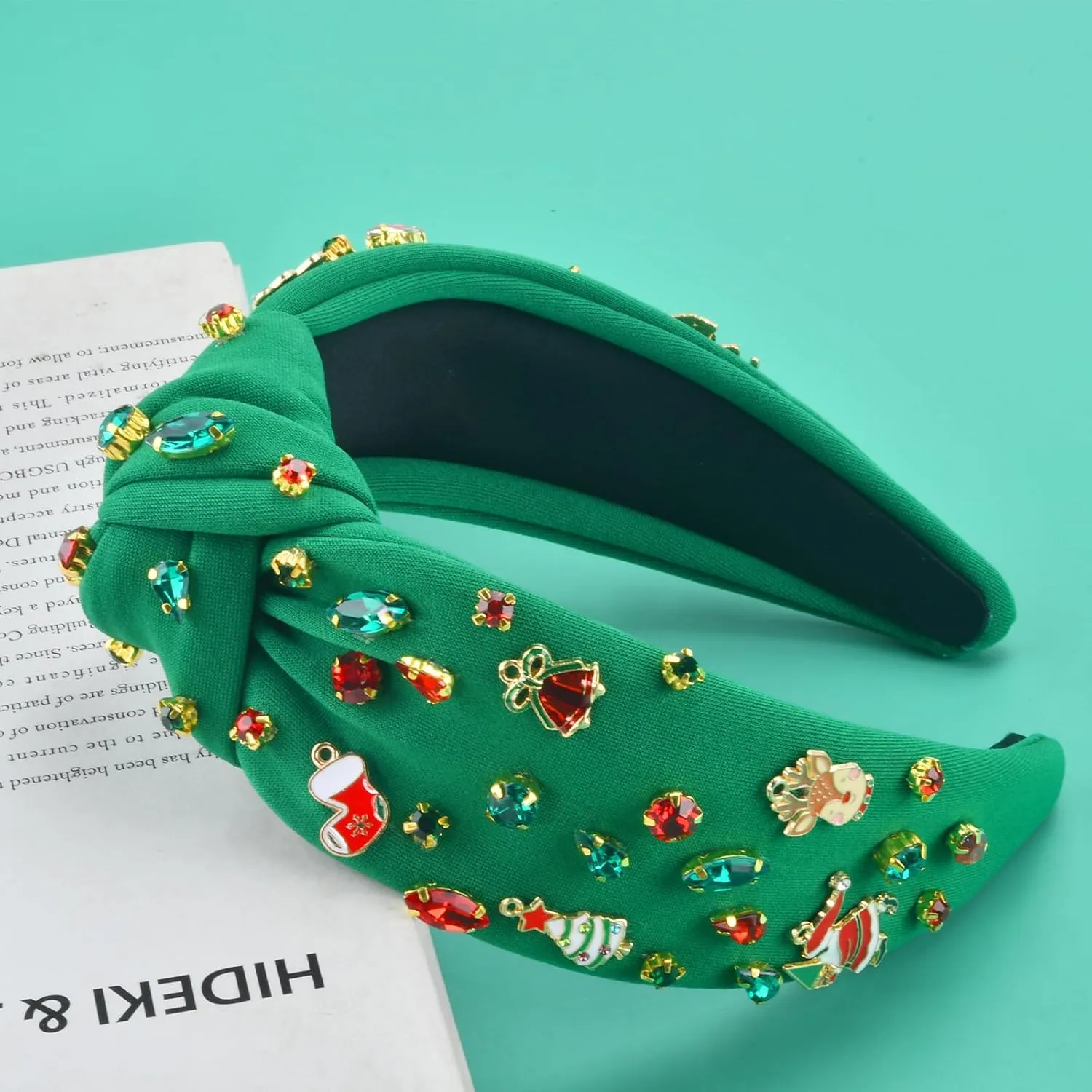 Christmas Headband for Women - Rhinestone Beaded Knotted Crystal Jeweled Tree Wide Reindeer Hair Accessories Gifts (Christmas Green)