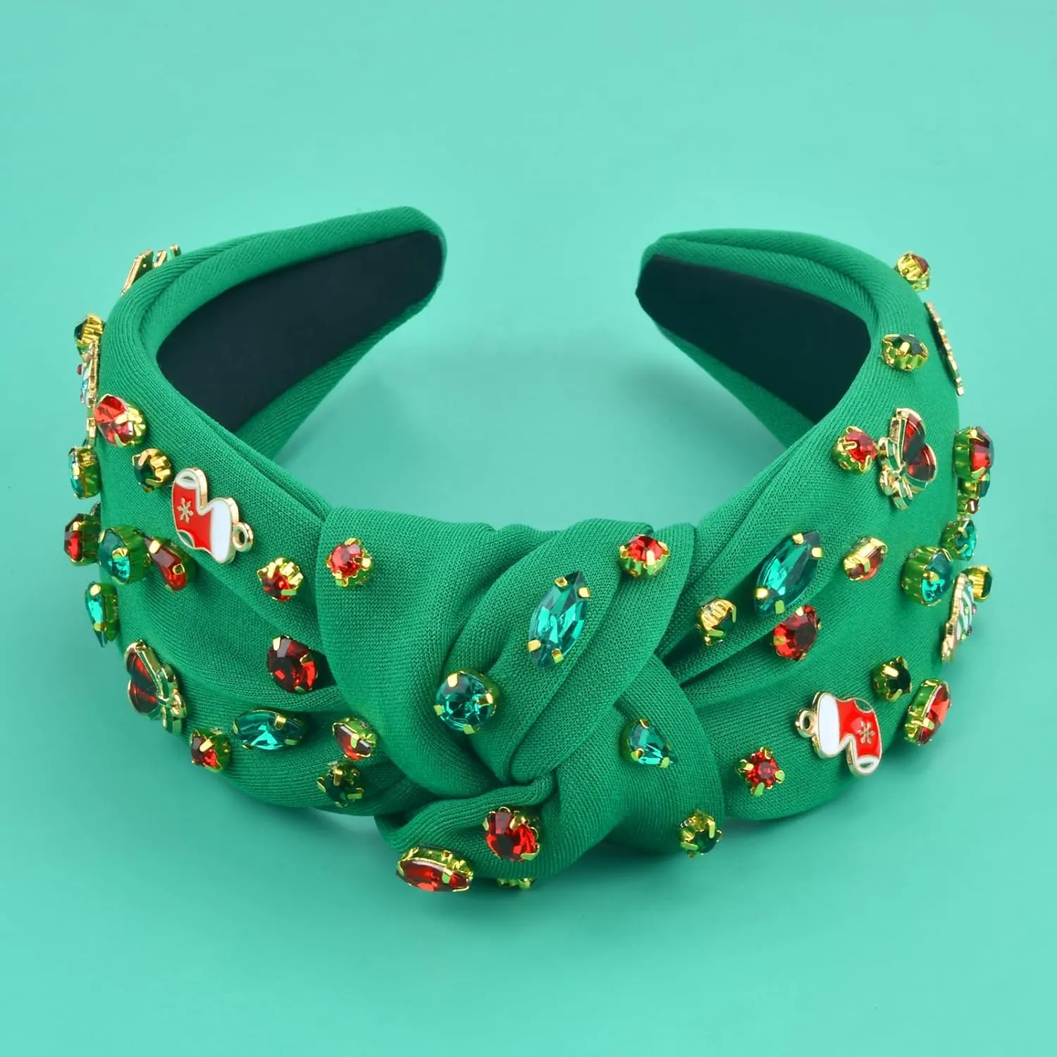 Christmas Headband for Women - Rhinestone Beaded Knotted Crystal Jeweled Tree Wide Reindeer Hair Accessories Gifts (Christmas Green)