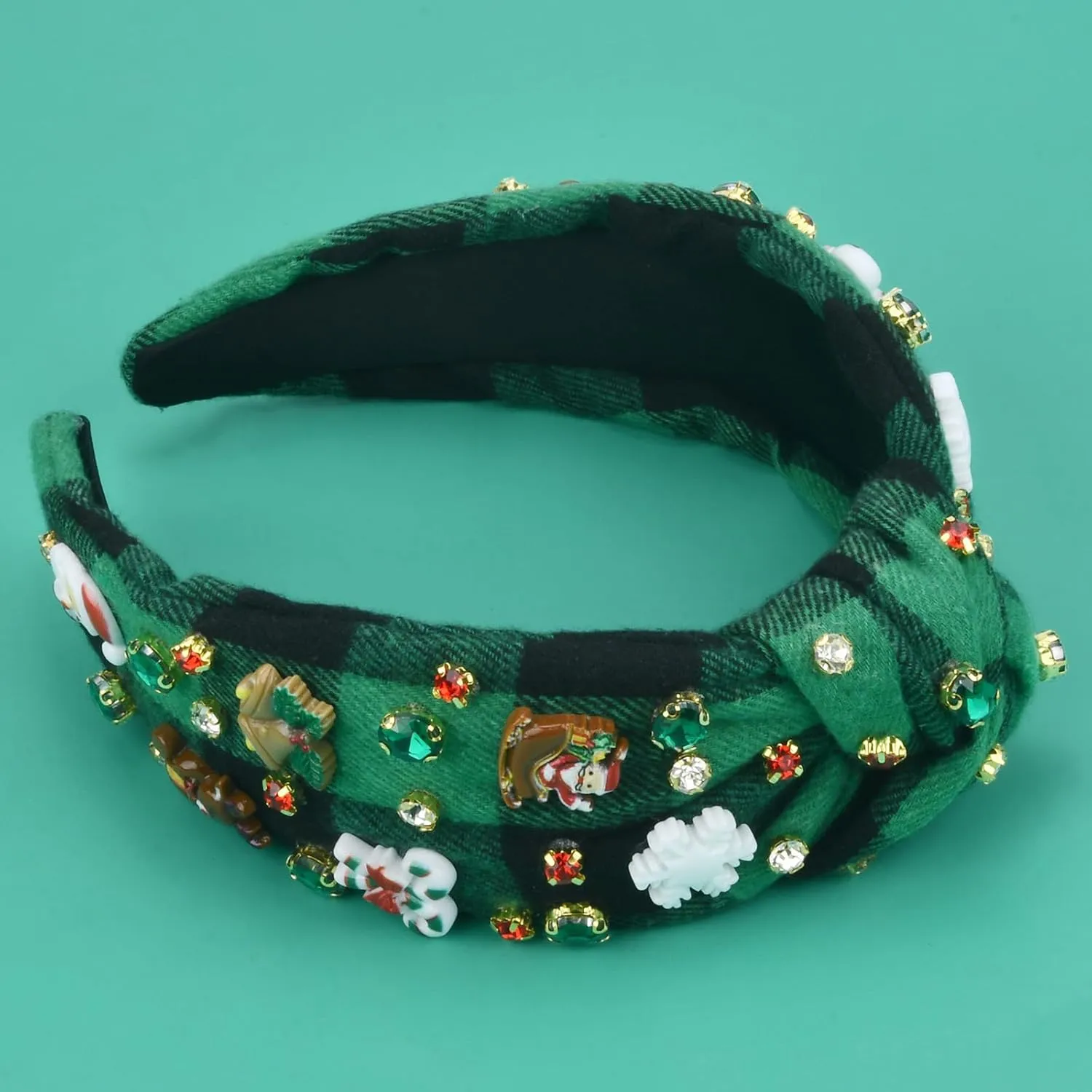 Christmas Headbands for Women - Rhinestone Knotted, Jeweled Santa, Crystal Snowflake, Plaid Holiday Hair Accessories Gifts (Black Green Plaid)