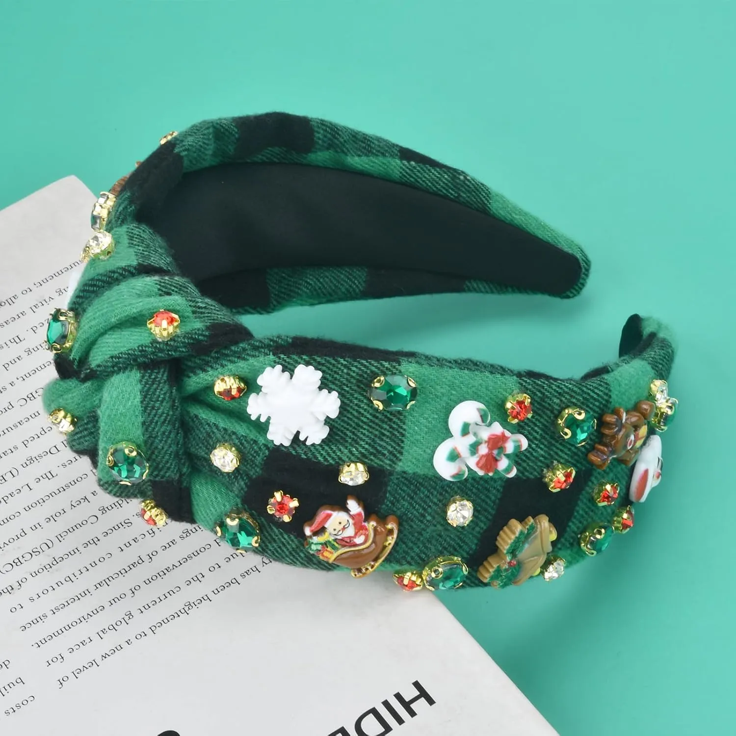 Christmas Headbands for Women - Rhinestone Knotted, Jeweled Santa, Crystal Snowflake, Plaid Holiday Hair Accessories Gifts (Black Green Plaid)