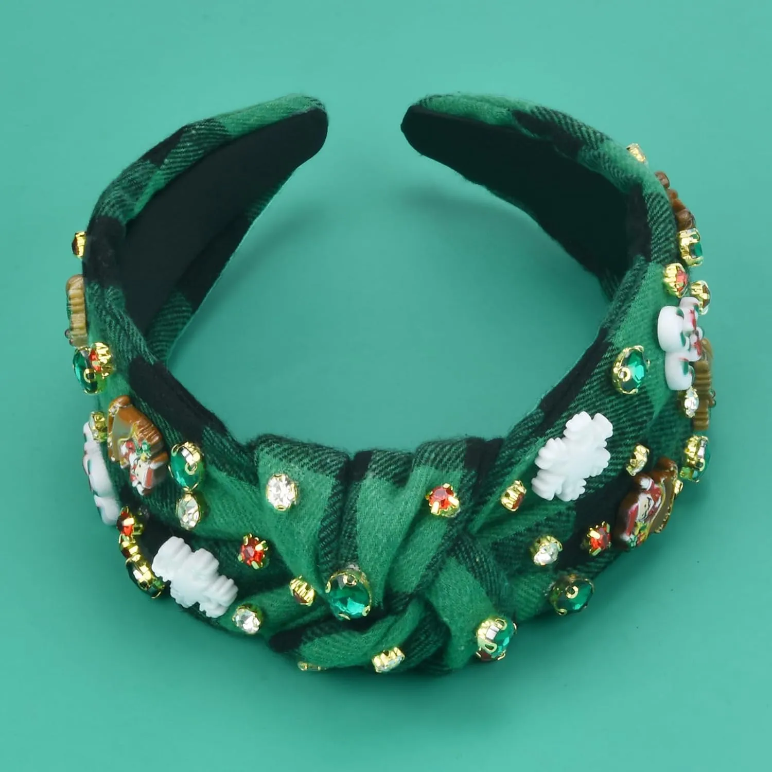 Christmas Headbands for Women - Rhinestone Knotted, Jeweled Santa, Crystal Snowflake, Plaid Holiday Hair Accessories Gifts (Black Green Plaid)