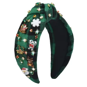 Christmas Headbands for Women - Rhinestone Knotted, Jeweled Santa, Crystal Snowflake, Plaid Holiday Hair Accessories Gifts (Black Green Plaid)