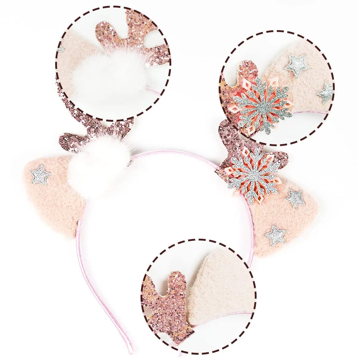 Christmas Headbands Xmas Deer Cat Hair Hoop Cute Reindeer Antlers Sequins Headband Snowflake Fuzzy Ball Headpiece Deer Horn Ears Headdress Decoration Holiday Costume Headwear Christmas Hair Accessory