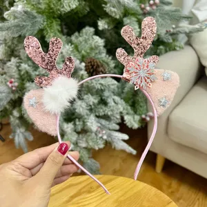 Christmas Headbands Xmas Deer Cat Hair Hoop Cute Reindeer Antlers Sequins Headband Snowflake Fuzzy Ball Headpiece Deer Horn Ears Headdress Decoration Holiday Costume Headwear Christmas Hair Accessory