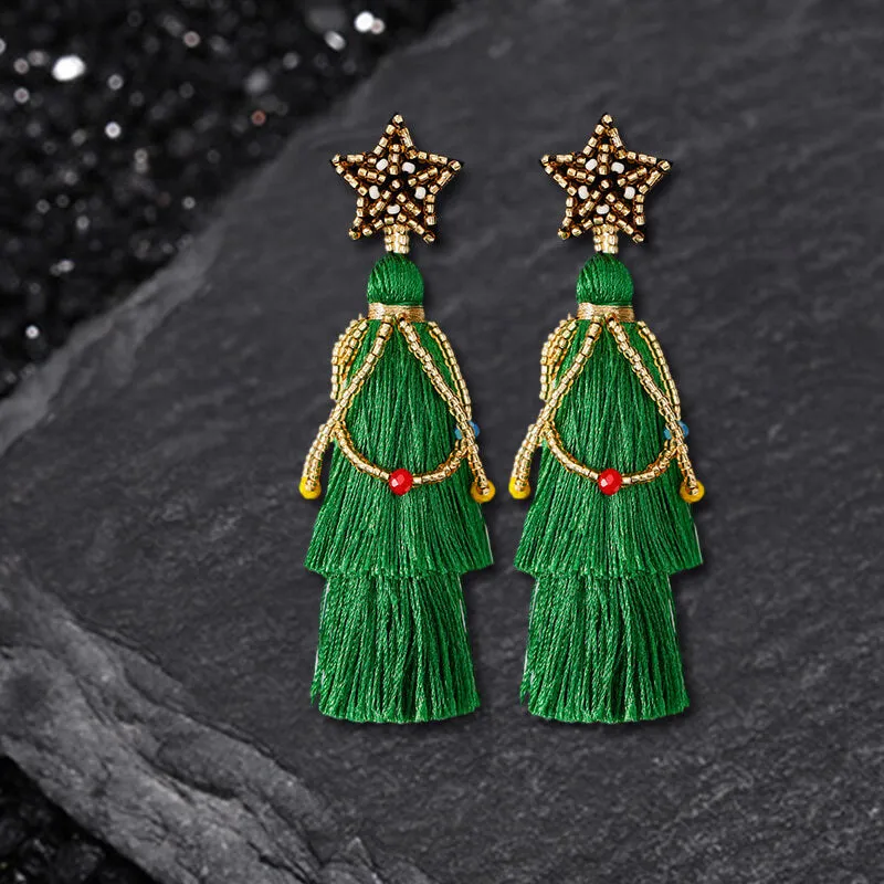 Christmas Tree Santa Cartoon Tassel Rice Bead Earrings