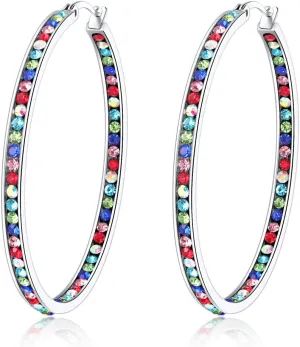 CiNily Mult-colors Crystal Stainless Steel Hoop Earring for Women Hypoallergenic Jewelry for Sensitive Ears Large Big Hoop Earrings 2"