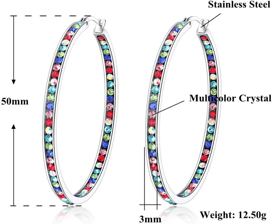 CiNily Mult-colors Crystal Stainless Steel Hoop Earring for Women Hypoallergenic Jewelry for Sensitive Ears Large Big Hoop Earrings 2"