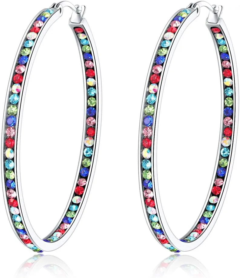 CiNily Mult-colors Crystal Stainless Steel Hoop Earring for Women Hypoallergenic Jewelry for Sensitive Ears Large Big Hoop Earrings 2"
