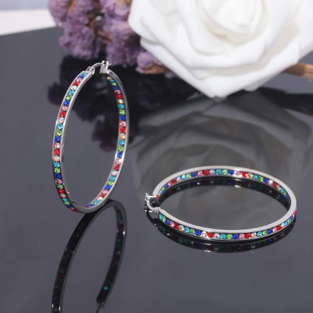 CiNily Mult-colors Crystal Stainless Steel Hoop Earring for Women Hypoallergenic Jewelry for Sensitive Ears Large Big Hoop Earrings 2"
