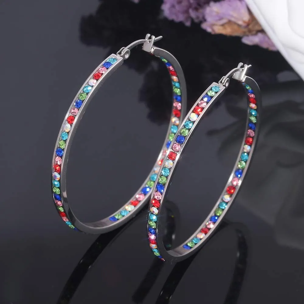 CiNily Mult-colors Crystal Stainless Steel Hoop Earring for Women Hypoallergenic Jewelry for Sensitive Ears Large Big Hoop Earrings 2"
