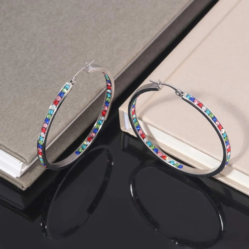 CiNily Mult-colors Crystal Stainless Steel Hoop Earring for Women Hypoallergenic Jewelry for Sensitive Ears Large Big Hoop Earrings 2"