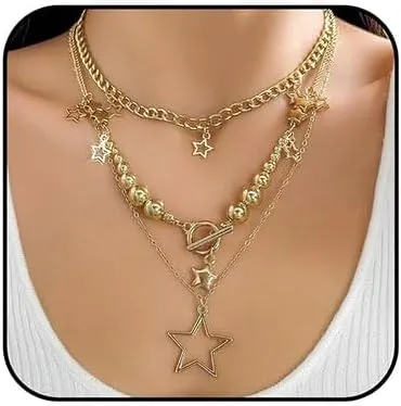 CJIAYUJEW Layered Star Necklace for Women Y2k Stacked Beaded Choker Necklaces Chunky Gold Star Pendant Necklace