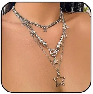 CJIAYUJEW Layered Star Necklace for Women Y2k Stacked Beaded Choker Necklaces Chunky Gold Star Pendant Necklace