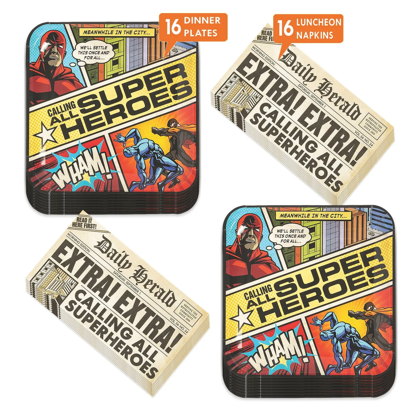 Comic Superhero Party Paper Dinner Plates and Lunch Napkins for Hero Birthday Party (Serves 16)