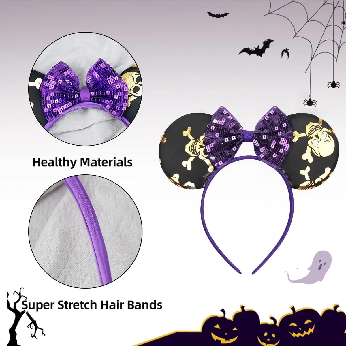 CONERY Halloween Mouse Ear Headband Purple Sequin Bow Hair Hoop Ghost Hair band Hair Accessories for Halloween Decorations Party Supplies Headwear for Women Girls
