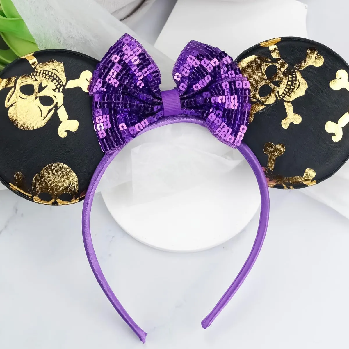CONERY Halloween Mouse Ear Headband Purple Sequin Bow Hair Hoop Ghost Hair band Hair Accessories for Halloween Decorations Party Supplies Headwear for Women Girls