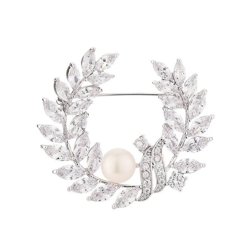 Copper Inlaid Cubic Zirconia Imitation Pearl Leaf Brooch Women