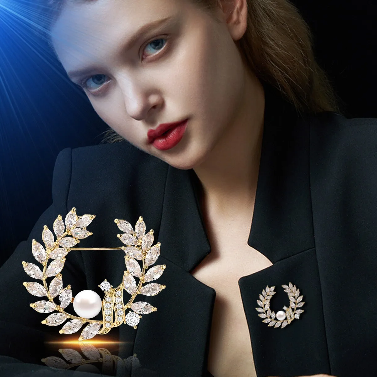 Copper Inlaid Cubic Zirconia Imitation Pearl Leaf Brooch Women