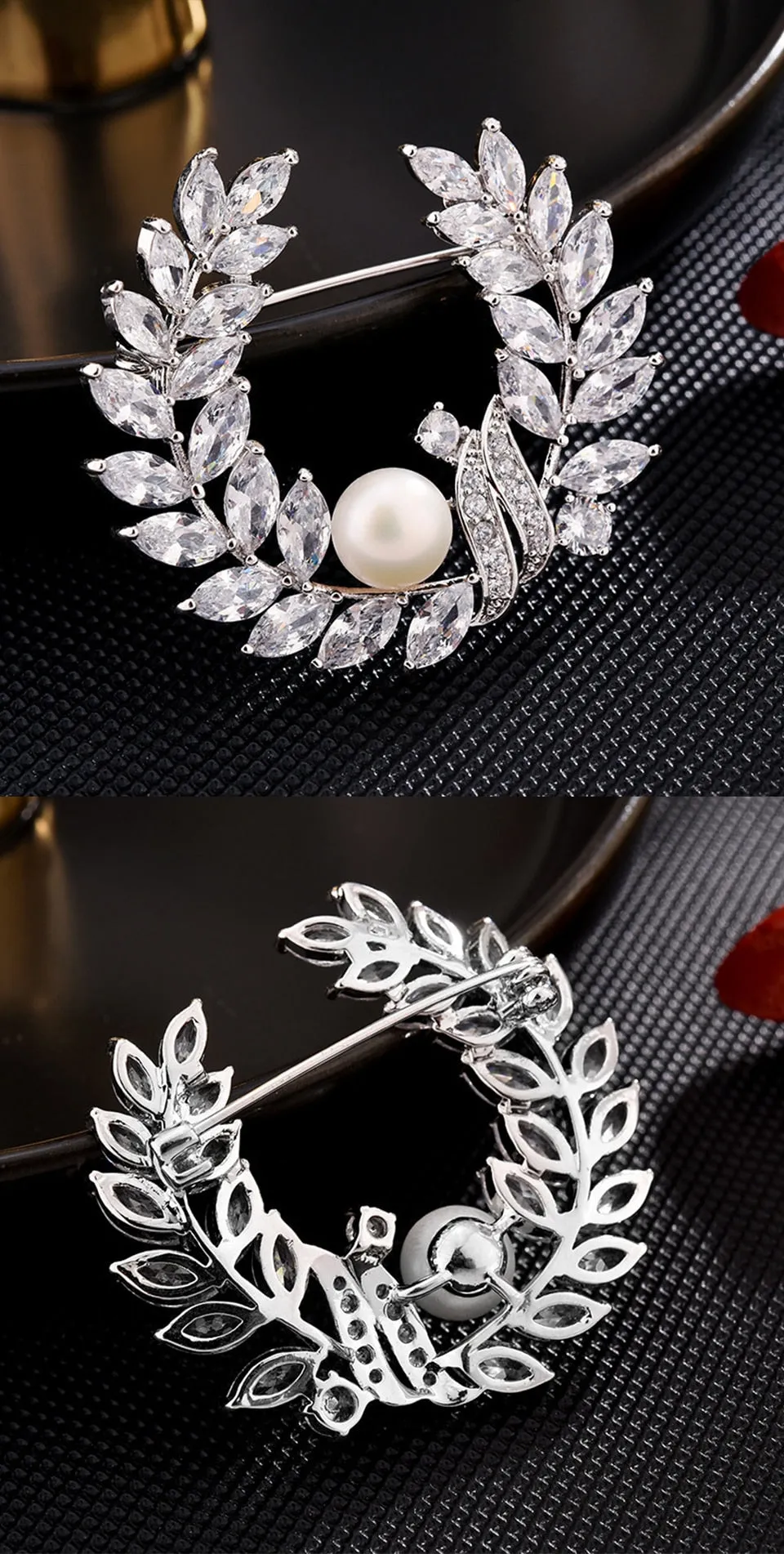 Copper Inlaid Cubic Zirconia Imitation Pearl Leaf Brooch Women