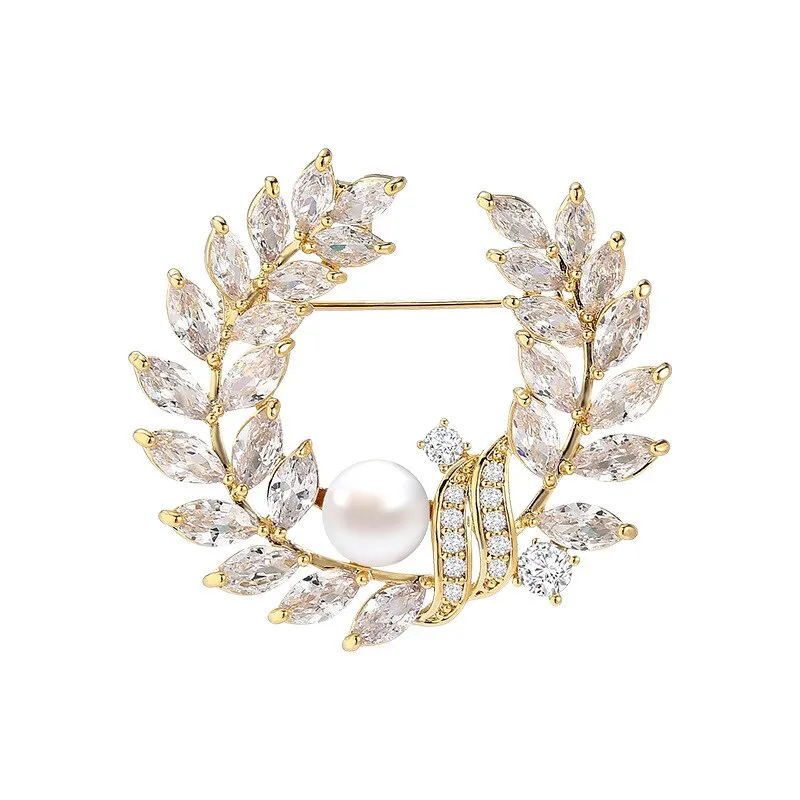 Copper Inlaid Cubic Zirconia Imitation Pearl Leaf Brooch Women