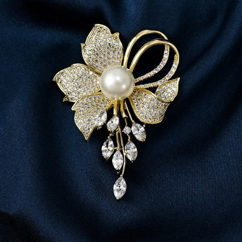 Copper Micro-Set Cubic Zirconia Luxury Flowers Imitation Pearl Brooch