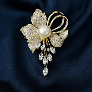 Copper Micro-Set Cubic Zirconia Luxury Flowers Imitation Pearl Brooch