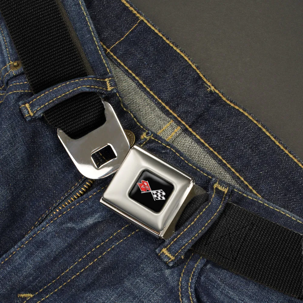 Corvette C3 Crossed Flags Logo Full Color Black Seatbelt Belt - Black Webbing