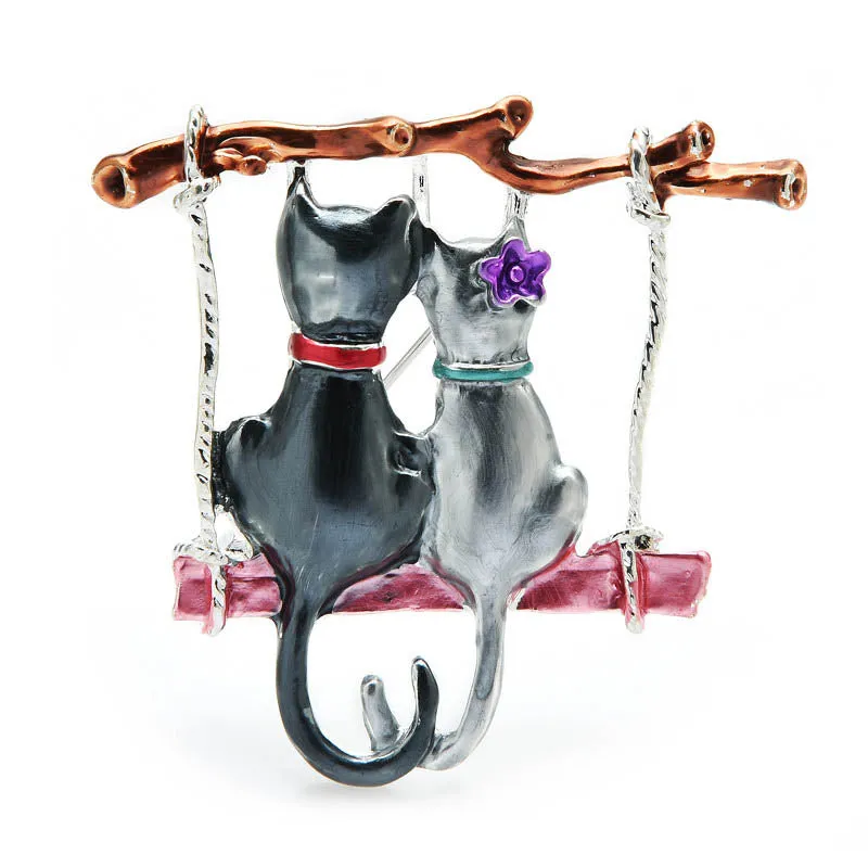 Couple Cats Brooches For Women Enamel Cartoon Swinging Cat Animal Party Casul Brooch