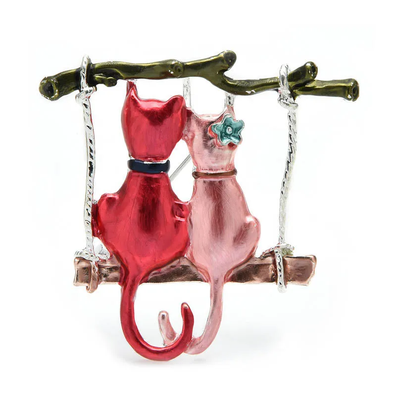 Couple Cats Brooches For Women Enamel Cartoon Swinging Cat Animal Party Casul Brooch