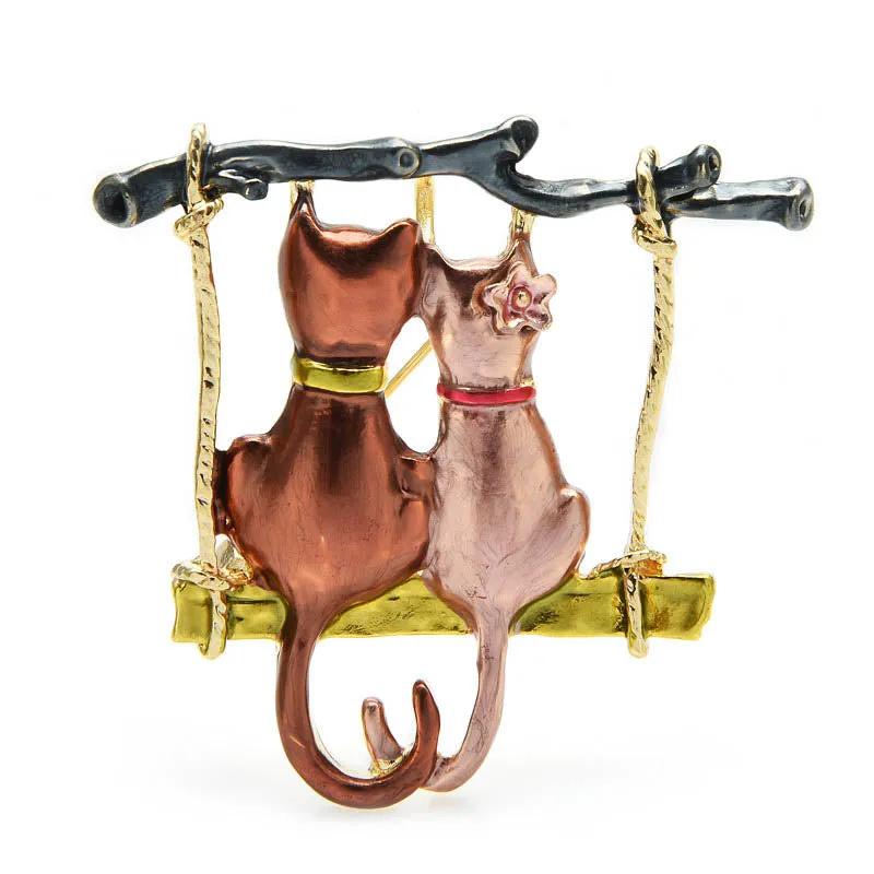 Couple Cats Brooches For Women Enamel Cartoon Swinging Cat Animal Party Casul Brooch