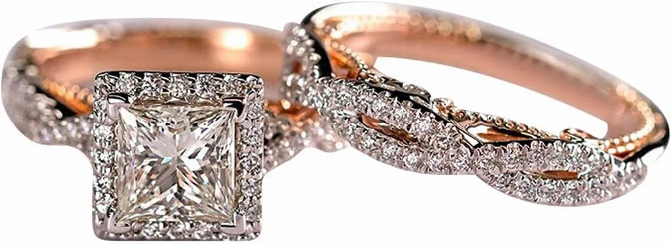 Couples Rings Women Rose Gold Princess Cut Cubic Zirconia Wedding Ring Sets Men Titanium Stainless Steel Bands