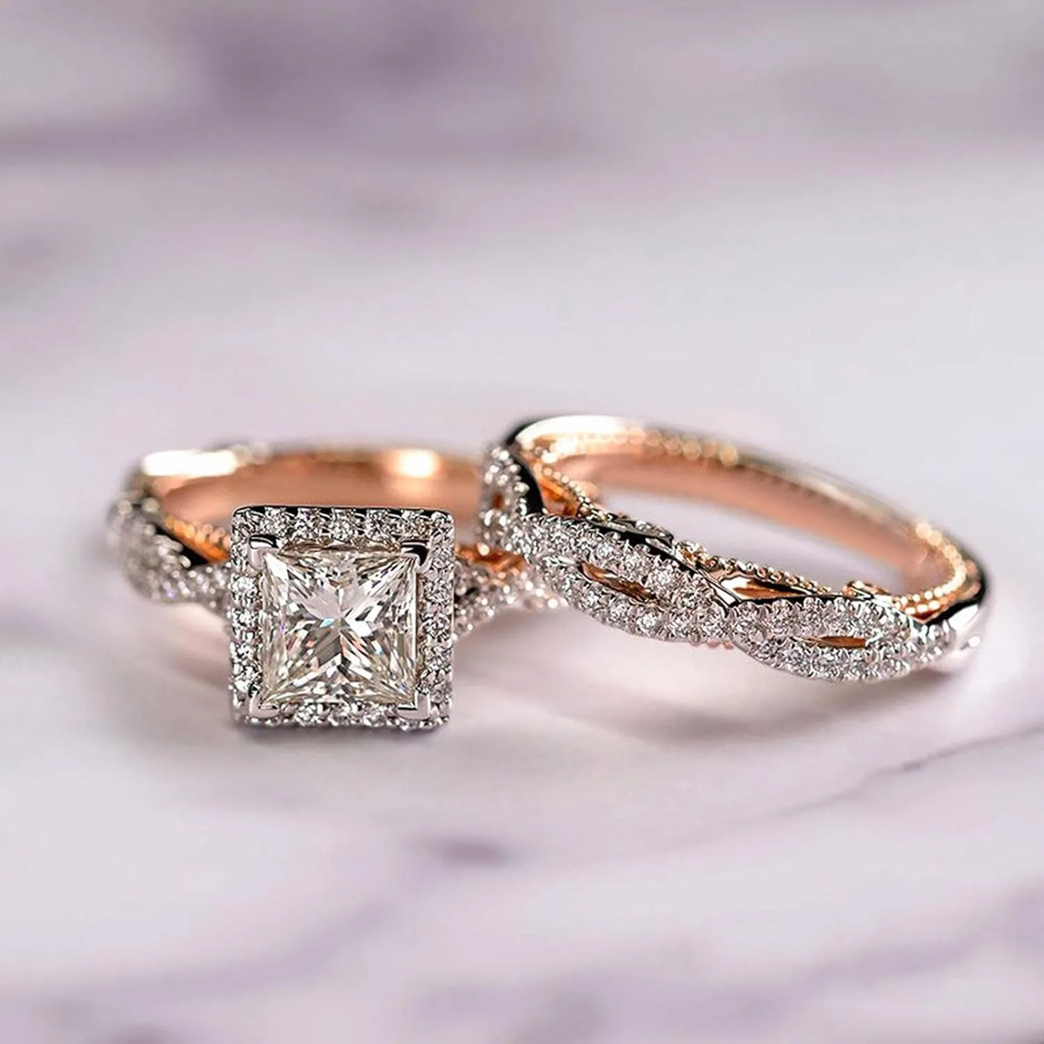 Couples Rings Women Rose Gold Princess Cut Cubic Zirconia Wedding Ring Sets Men Titanium Stainless Steel Bands