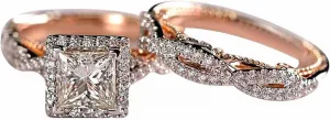 Couples Rings Women Rose Gold Princess Cut Cubic Zirconia Wedding Ring Sets Men Titanium Stainless Steel Bands