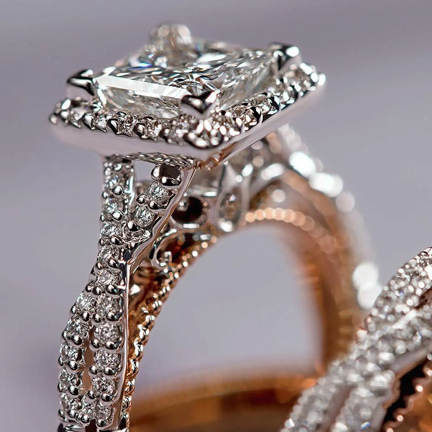 Couples Rings Women Rose Gold Princess Cut Cubic Zirconia Wedding Ring Sets Men Titanium Stainless Steel Bands