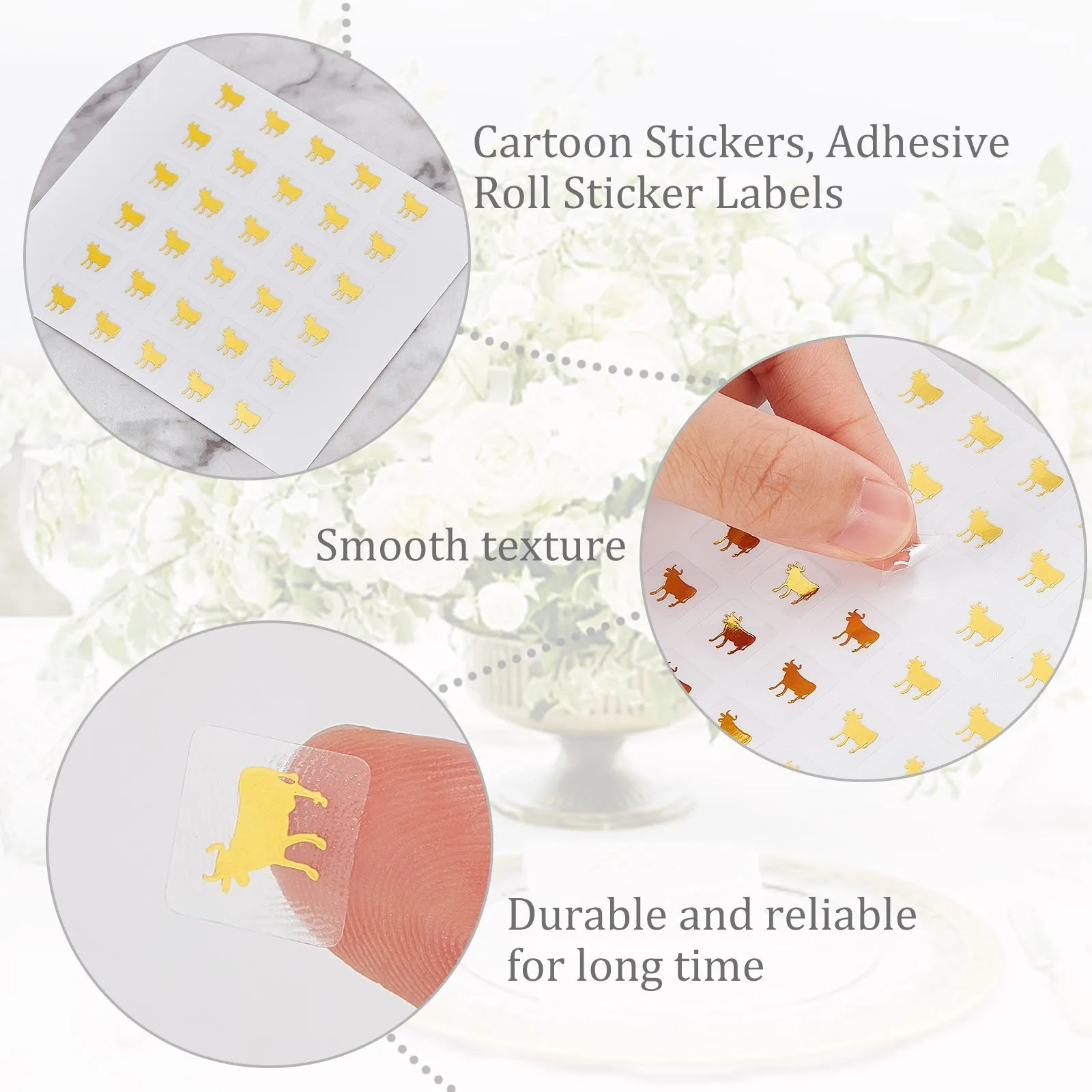 Craspire 80 Sheets 2 Color Cartoon Animal Meal Stickers, Adhesive Square Paper Labels, Gold & Black, Cow Pattern, 6.6~7.8x8.1~9x0.02cm, 30pcs/sheet, 40sheets/color