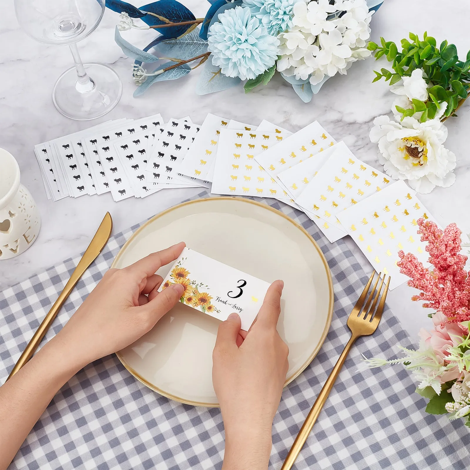 Craspire 80 Sheets 2 Color Cartoon Animal Meal Stickers, Adhesive Square Paper Labels, Gold & Black, Cow Pattern, 6.6~7.8x8.1~9x0.02cm, 30pcs/sheet, 40sheets/color