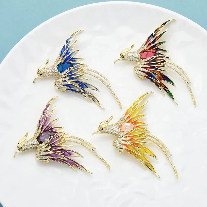 Crystal Phoenix Bird Brooches For Women Men 5-color Enamel Flying Beauty Bird Party Office Brooch