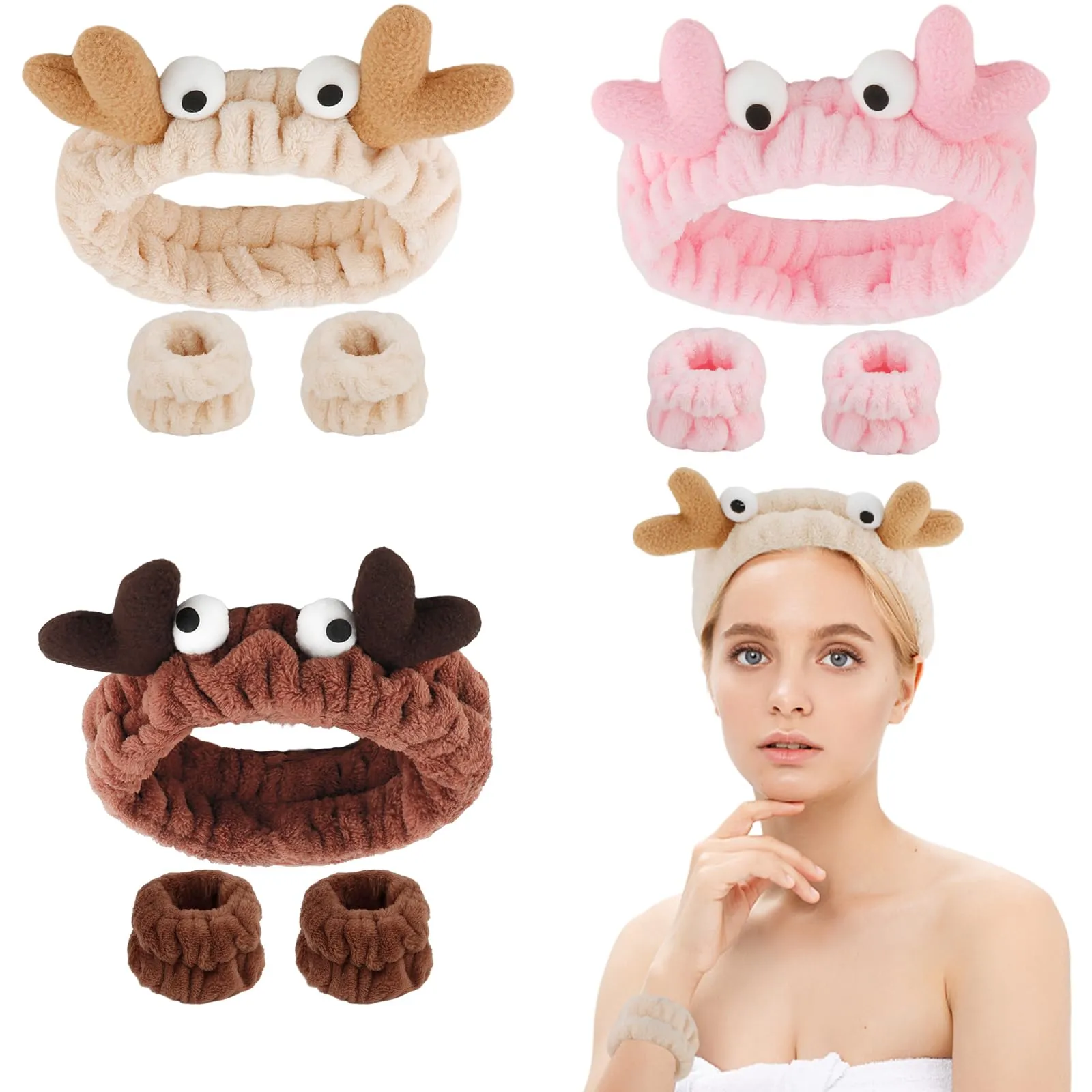 CUBACO Animal Ear Headbands and Wristbands Set for Skin Care, Makeup, and Spa Face Wash (Crab)