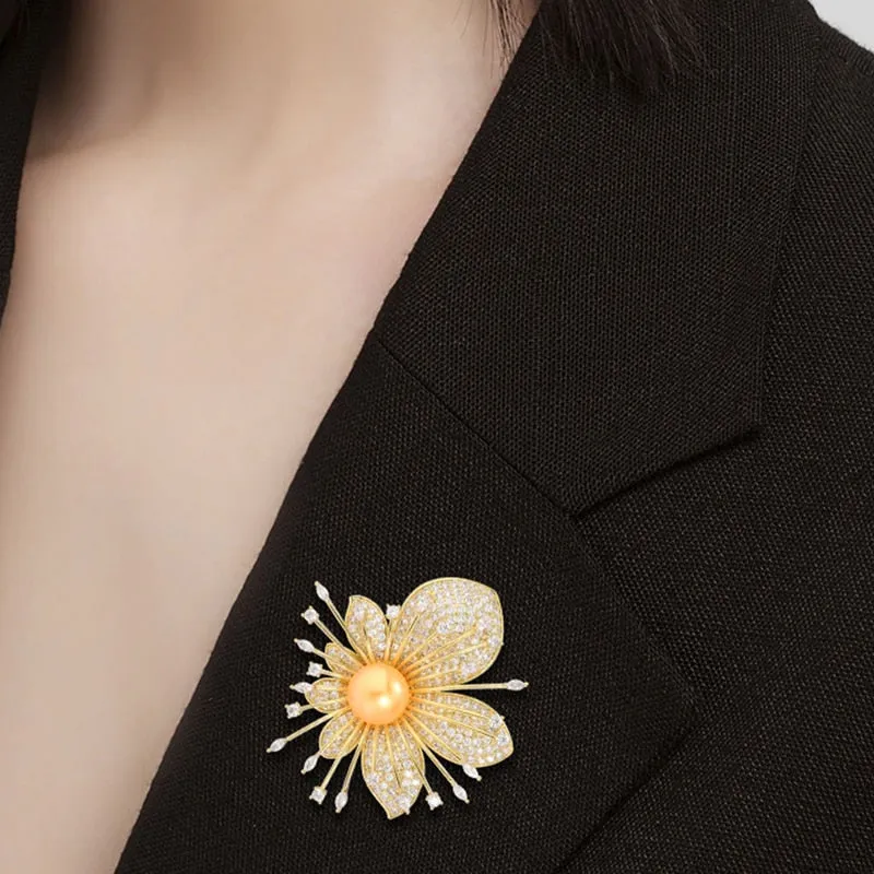 Cubic Zirconia Sweet Flower Brooch Women Luxury Pin Dress Decoration Gift