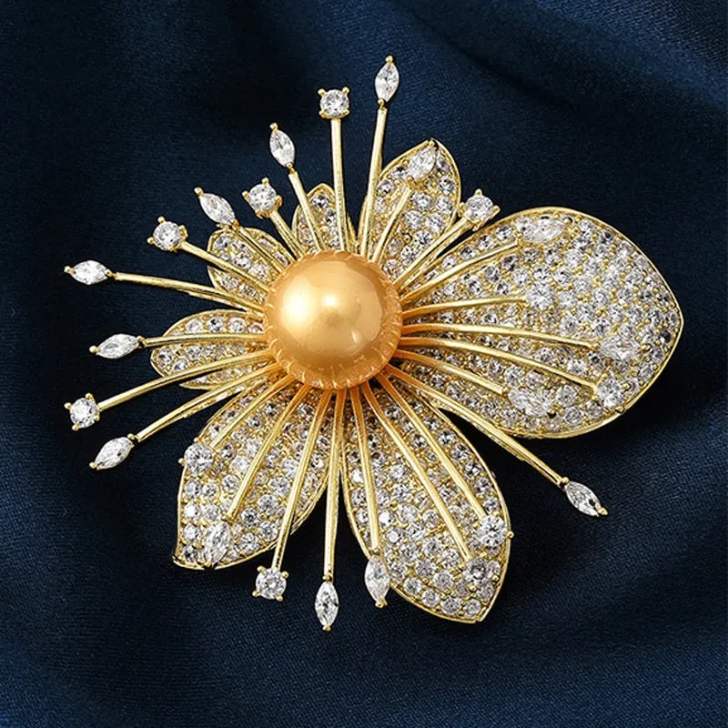 Cubic Zirconia Sweet Flower Brooch Women Luxury Pin Dress Decoration Gift