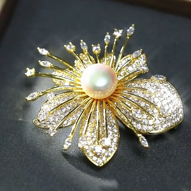 Cubic Zirconia Sweet Flower Brooch Women Luxury Pin Dress Decoration Gift