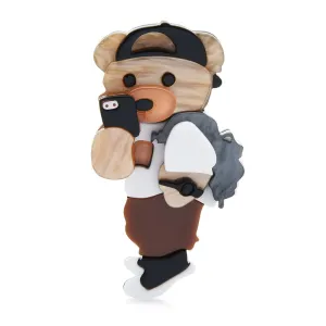 Cute Acrylic Bear Brooch Take Picture By Phone Fashion Cute Animal Wearing Mansuit Sport Style Women Brooch