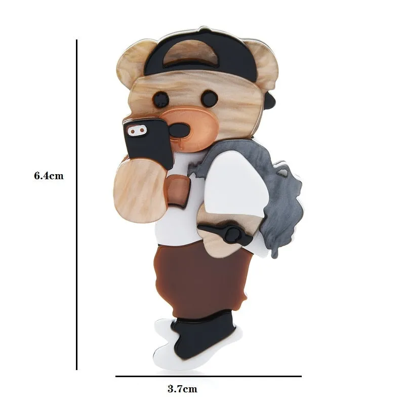 Cute Acrylic Bear Brooch Take Picture By Phone Fashion Cute Animal Wearing Mansuit Sport Style Women Brooch