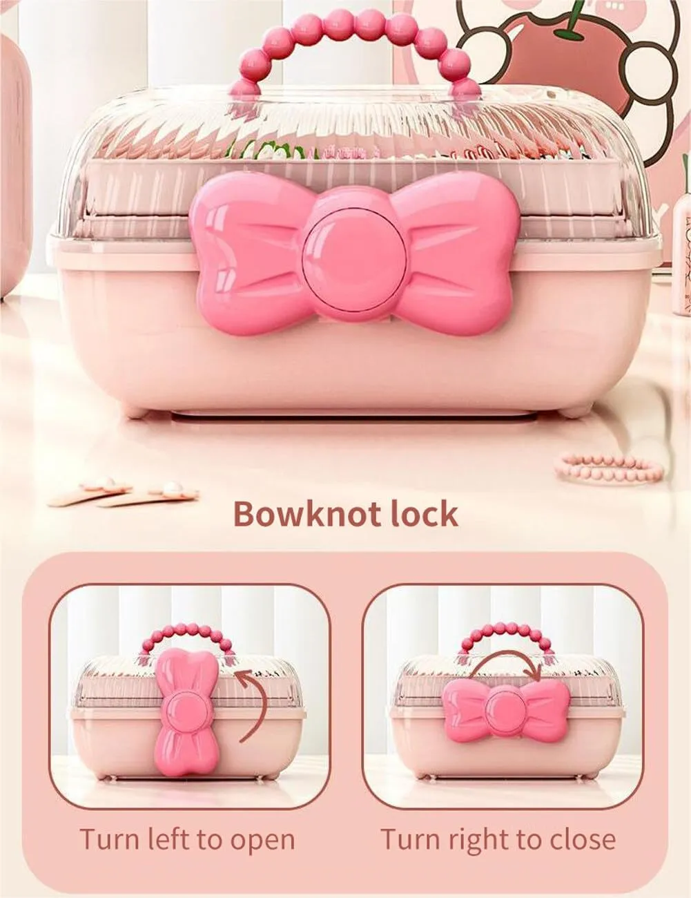 Cute Hair Accessories Organizer 3-Layers Kids Jewelry Storage Box Plastic Hair Accessories holder for Girls (Pink, 10.8 x 5.7 x 5.9 Inch)
