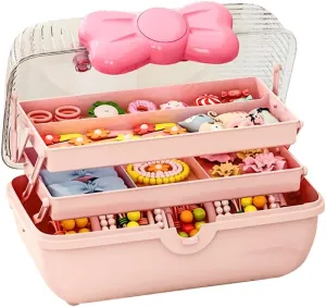 Cute Hair Accessories Organizer 3-Layers Kids Jewelry Storage Box Plastic Hair Accessories holder for Girls (Pink, 10.8 x 5.7 x 5.9 Inch)